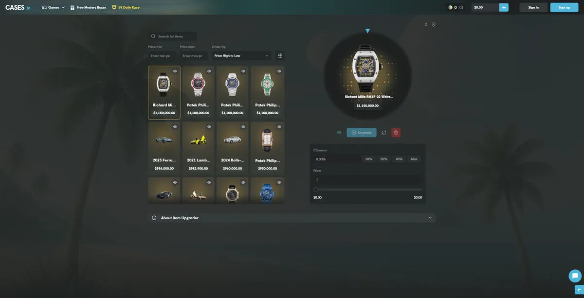 Cases.gg upgrader watch feature displaying 2025 gambling upgrade mechanics