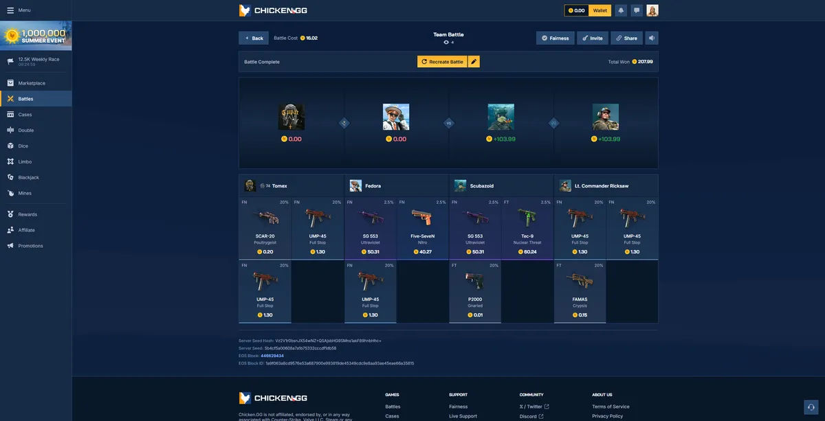 Chicken.gg case battle victory screen showing gambling win results