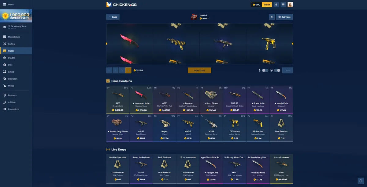 Chicken.gg case opening gold spin feature for 2025 gambling experience