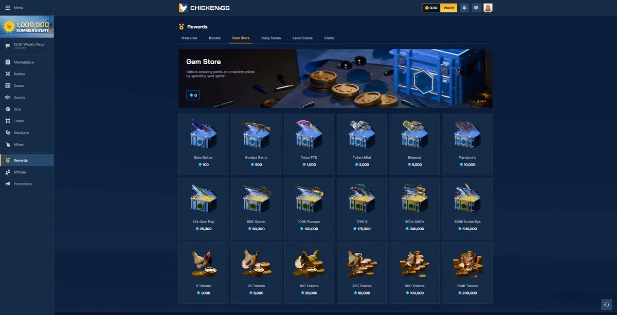 Chicken.gg free case gem store interface for 2025 gambling rewards