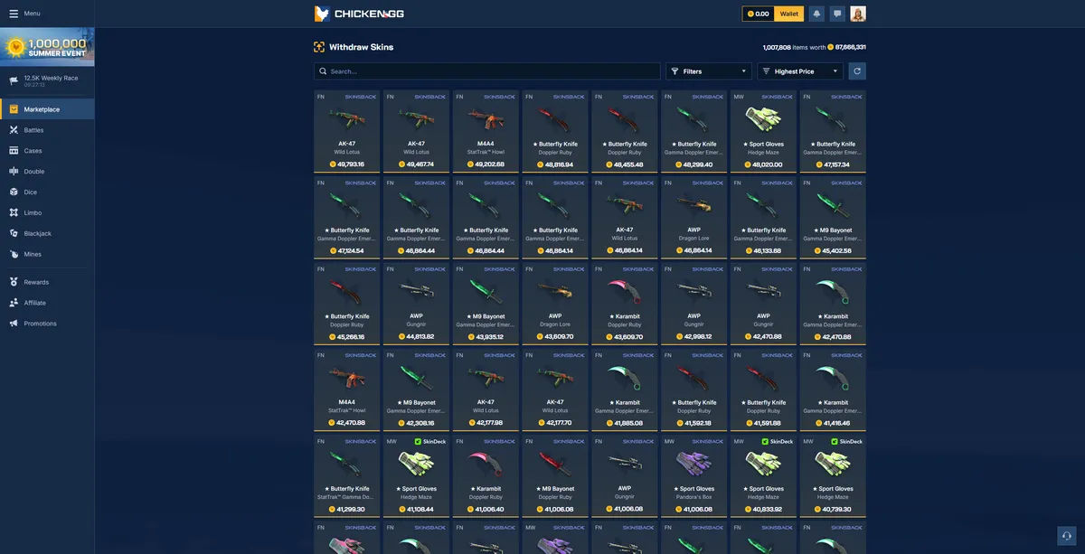 Chicken.gg marketplace interface for 2025 gambling transactions and trading