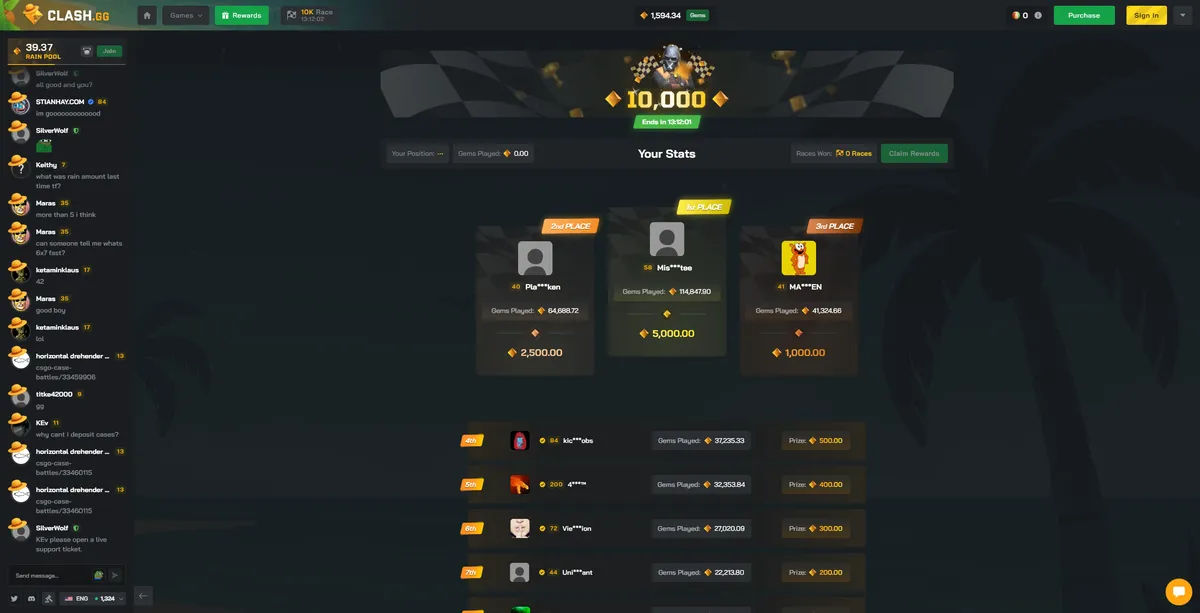 Clash.gg 10k race competition interface for CS2 gambling tournaments