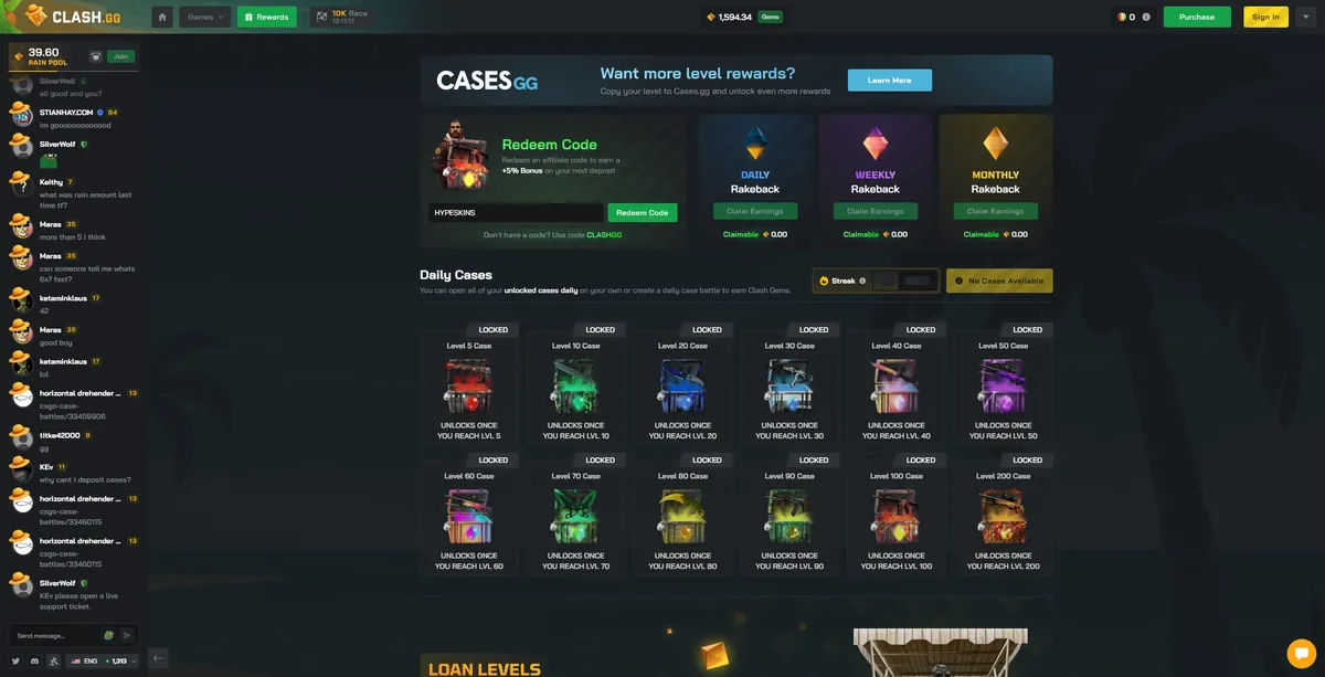 Clash.gg rewards system interface showing gambling bonuses and loyalty programs