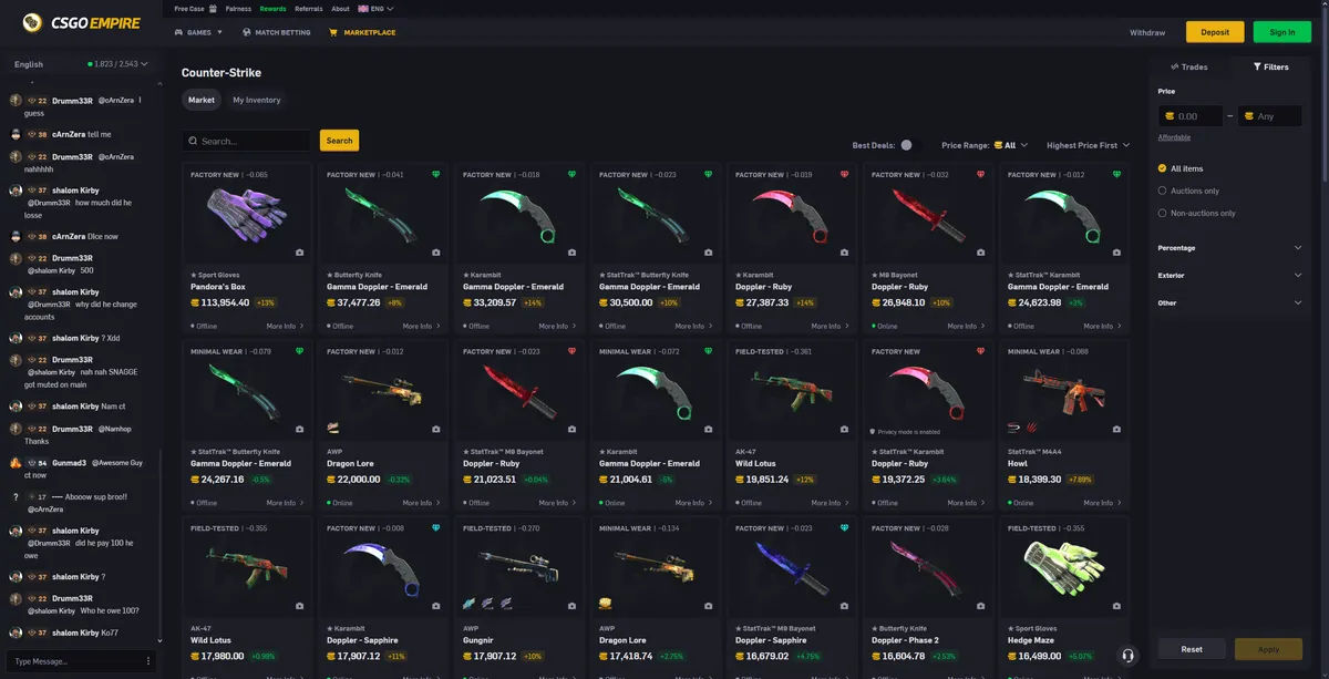 CSGOEmpire marketplace interface for CS2 gambling and skin trading