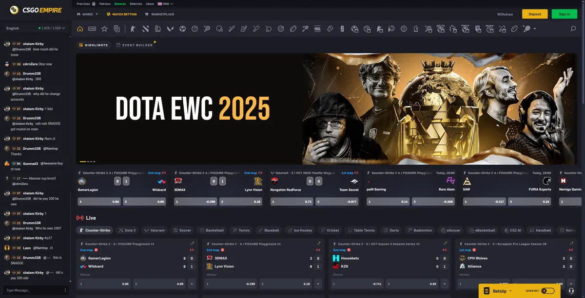 CSGOEmpire sports betting interface featuring esports gambling and betting odds