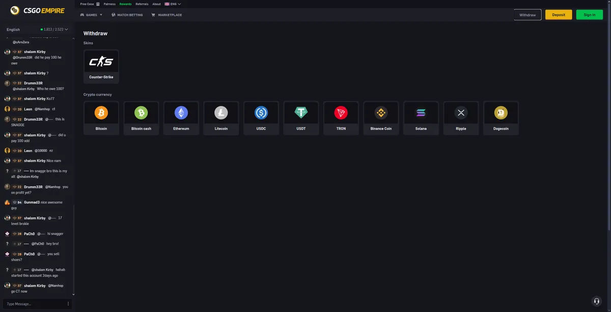 CSGOEmpire withdrawal options showing CSGO gambling payout methods