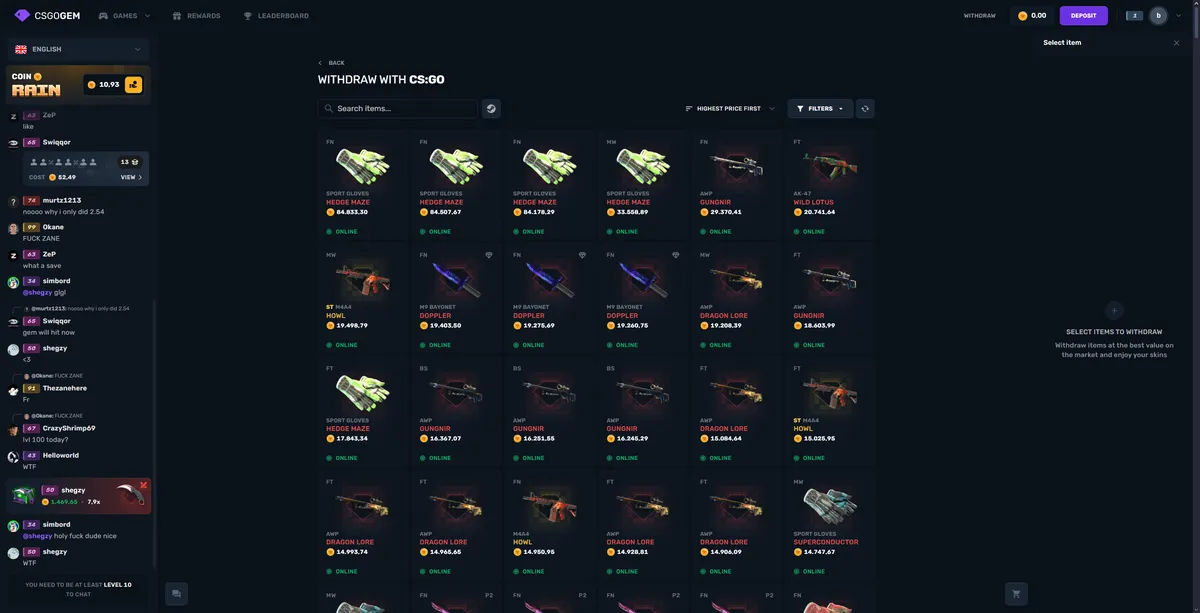 CSGOGem marketplace skin withdrawal interface for 2025 gambling transactions