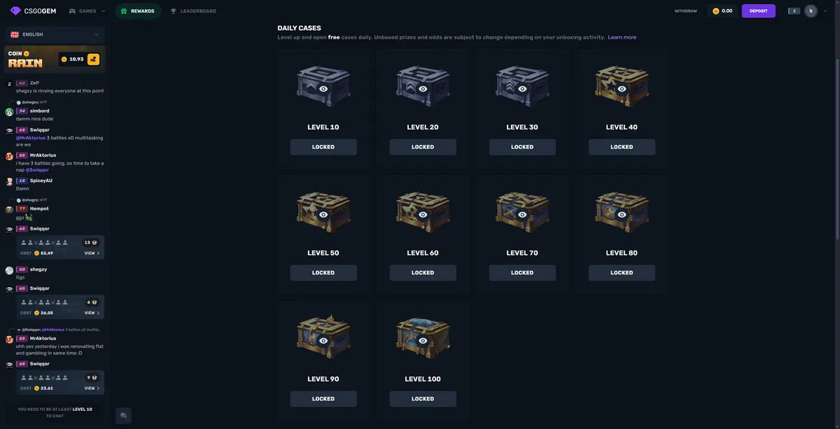 CSGOBig rewards system offering free cases and gambling bonuses