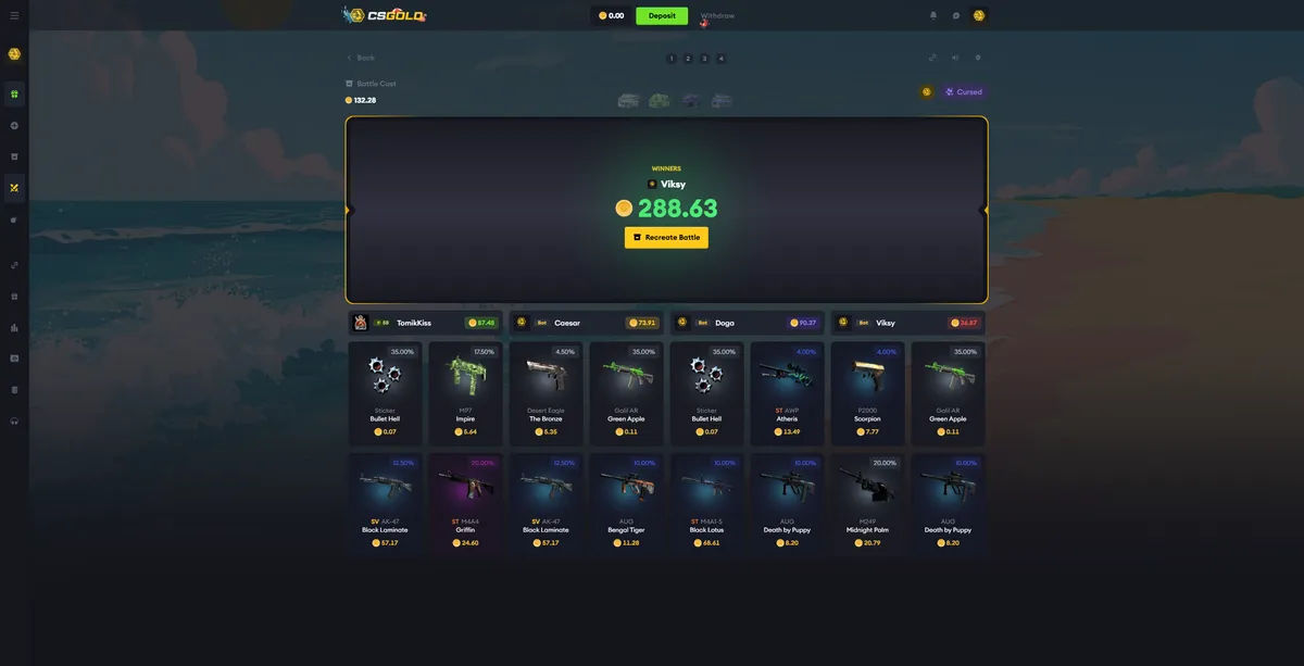 CSGold case battle showing big win results and 2025 gambling achievements