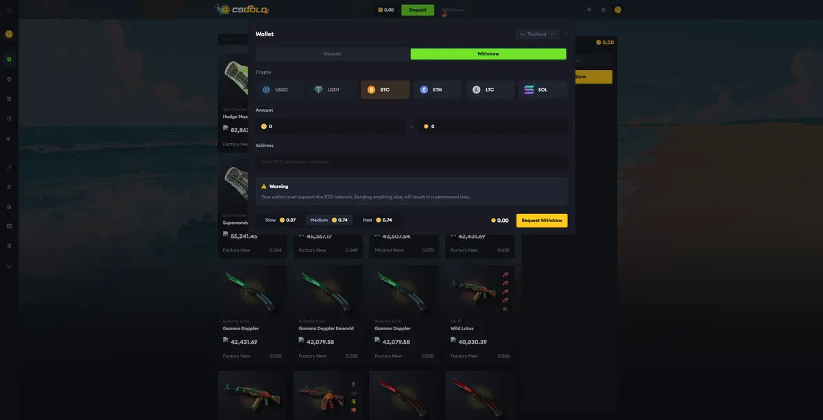 CSGold crypto withdrawal interface showing instant 2025 gambling payouts
