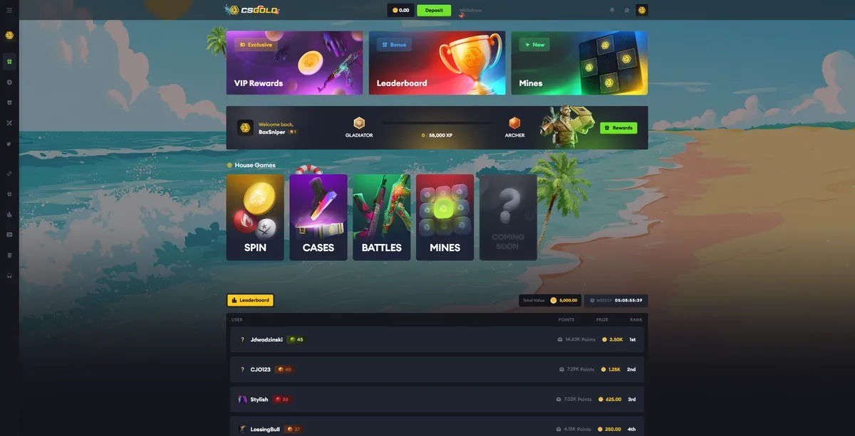 CSGold landing page showcasing new CS2 casino features and 2025 gambling platform