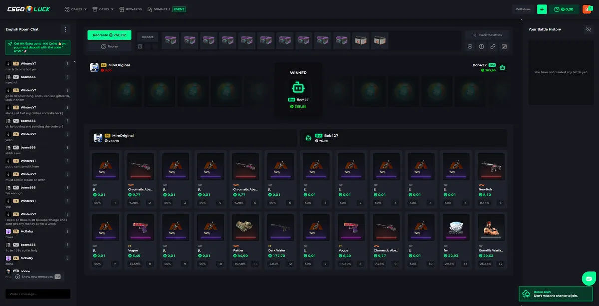 CSGOLuck case battle victory screen showing gambling win results