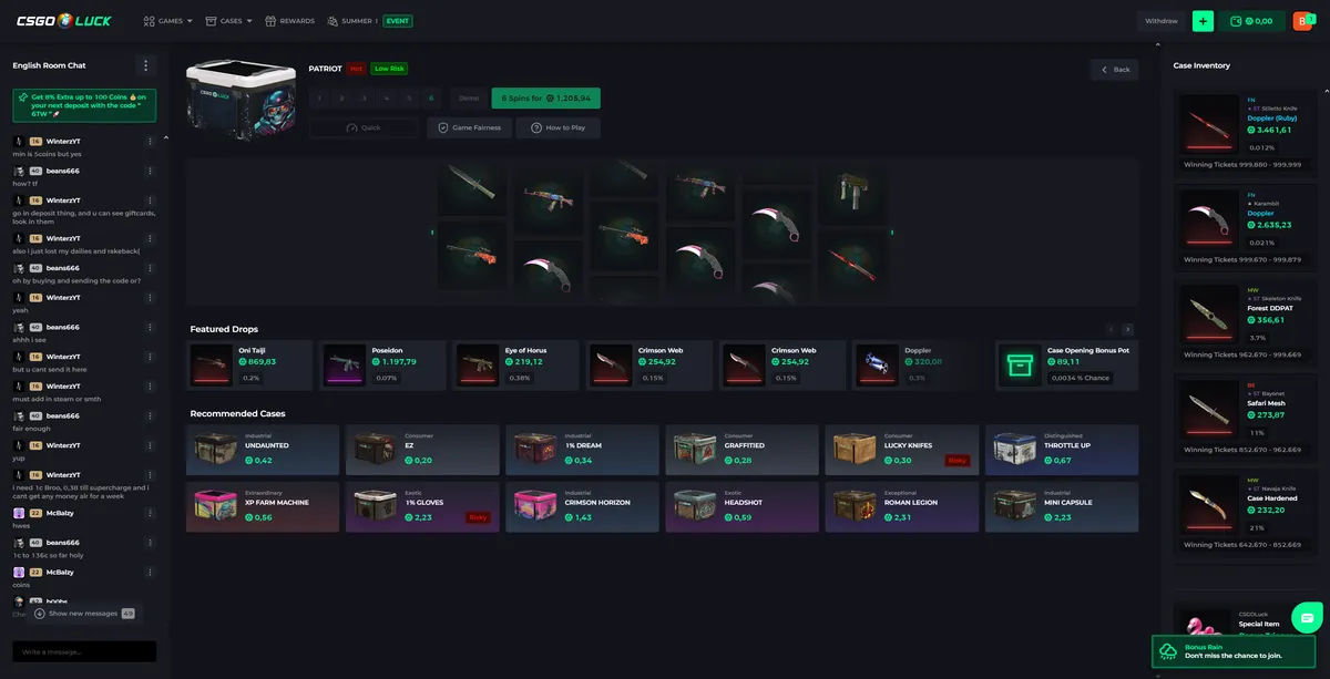 CSGOLuck case opening knife unboxing showing gambling achievement and rare items