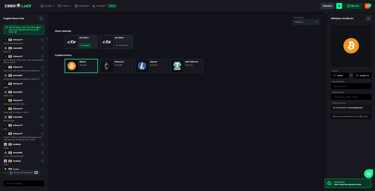CSGOLuck crypto withdrawal Bitcoin interface for 2025 gambling transactions