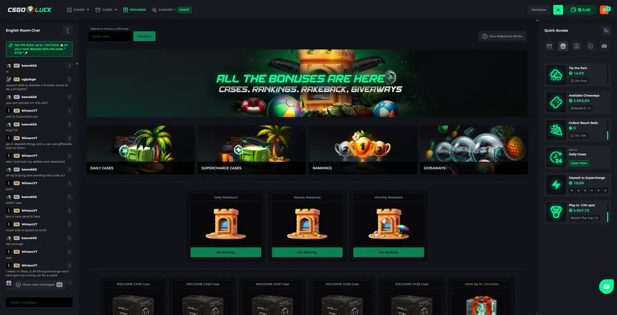 CSGOLuck rewards system offering free skins and gambling bonuses