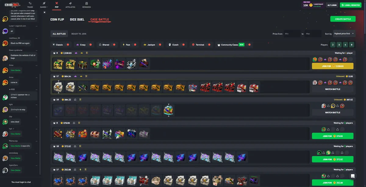CSGORoll case battles interface showing CS2 gambling gameplay and battle results
