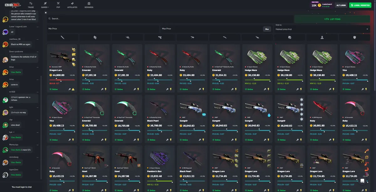 CSGORoll marketplace interface for CS2 skin trading and gambling transactions