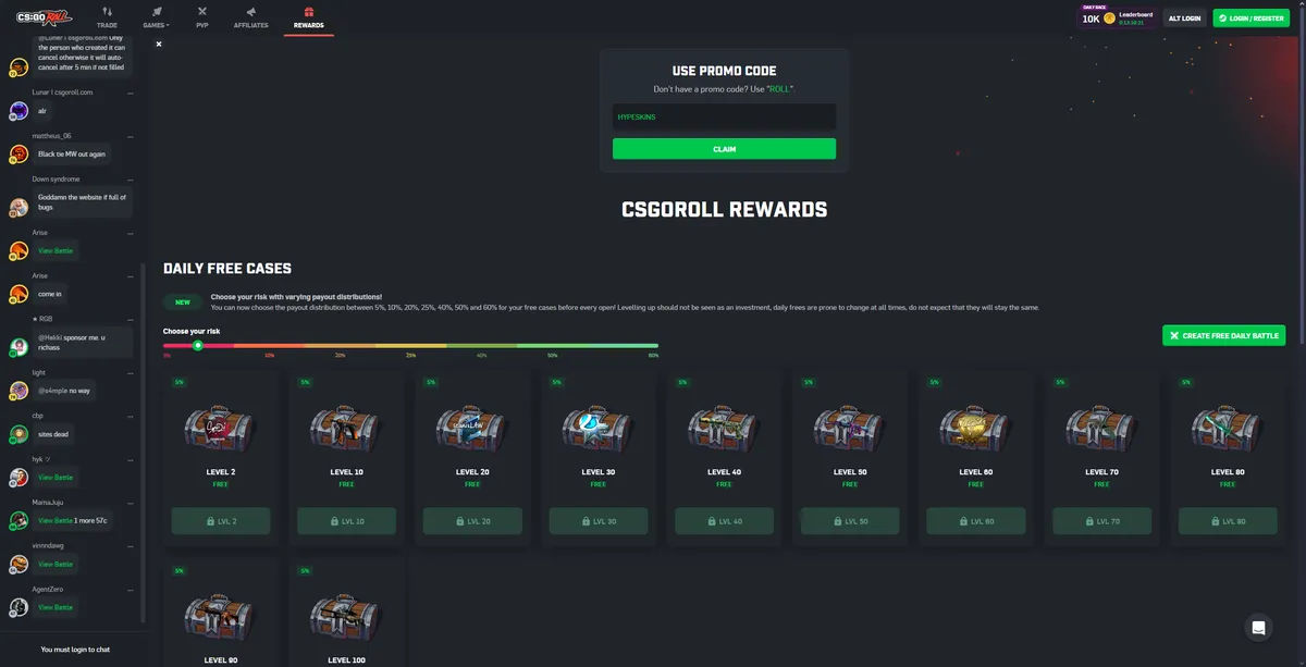 CSGORoll rewards system showing level 100 achievements and CS2 gambling bonuses