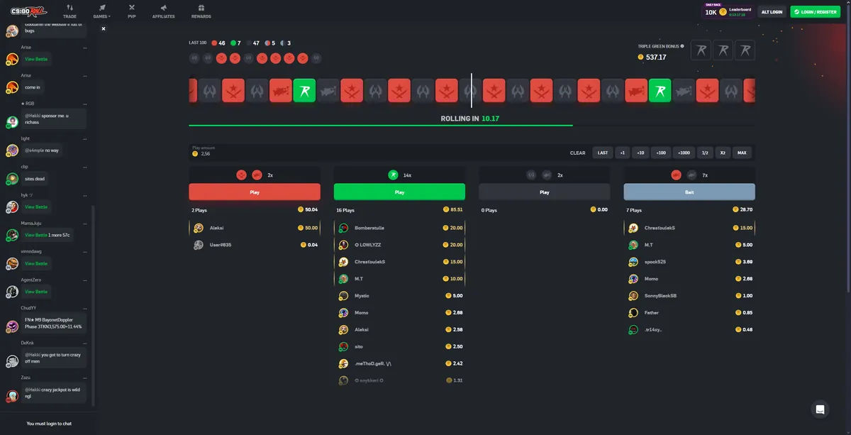 CSGORoll roulette game showing green hunt feature and CS2 gambling mechanics