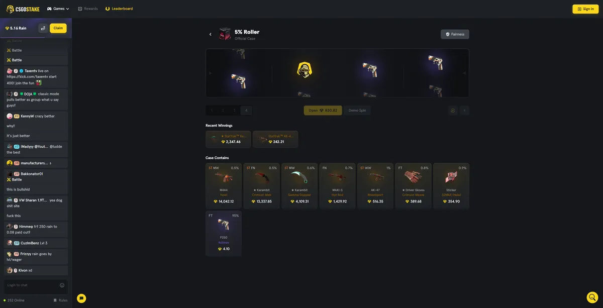 Golden case opening animation on CSGOStake revealing rare CS:GO skin rewards