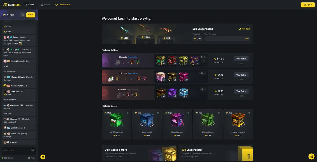 CSGOStake main dashboard displaying daily free cases and weapon skin collections