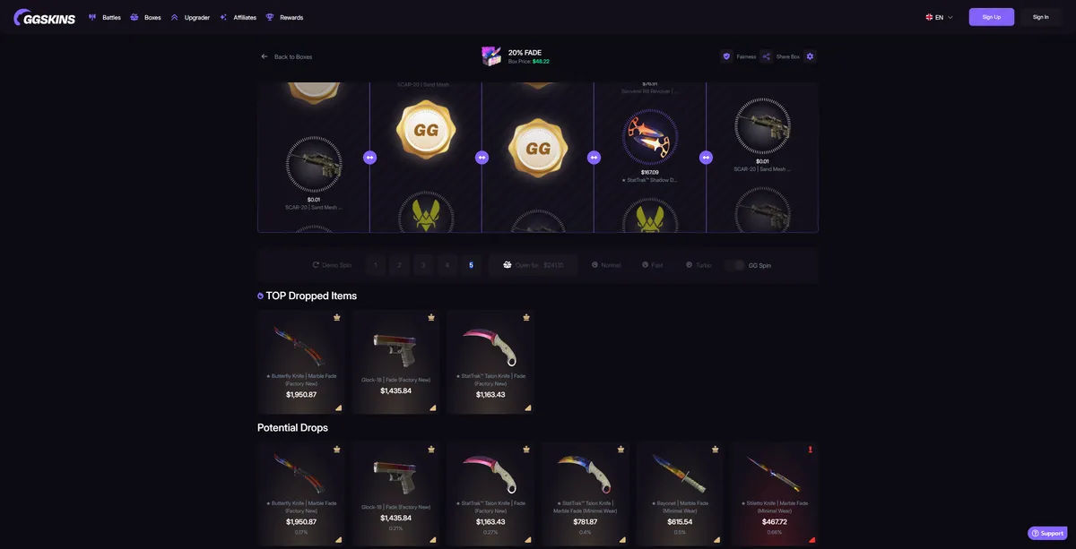 GGSkins case opening knife unboxing featuring 2025 gambling achievement