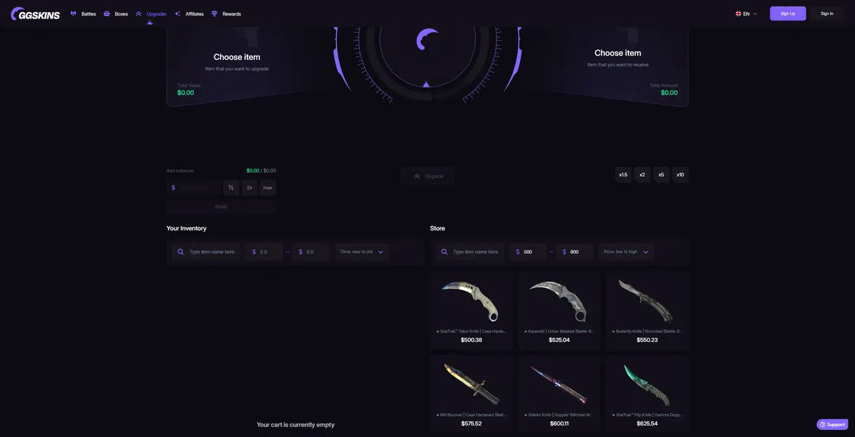 GGSkins upgrader to knife feature for 2025 gambling upgrade system