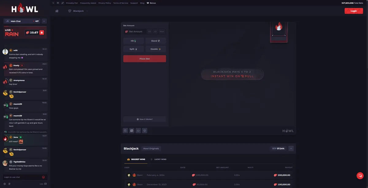 Professional blackjack table interface on Howl gambling platform with card dealing animation