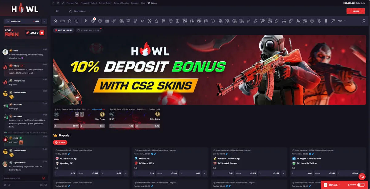 Howl.gg sportsbook betting interface with live odds and wagering options