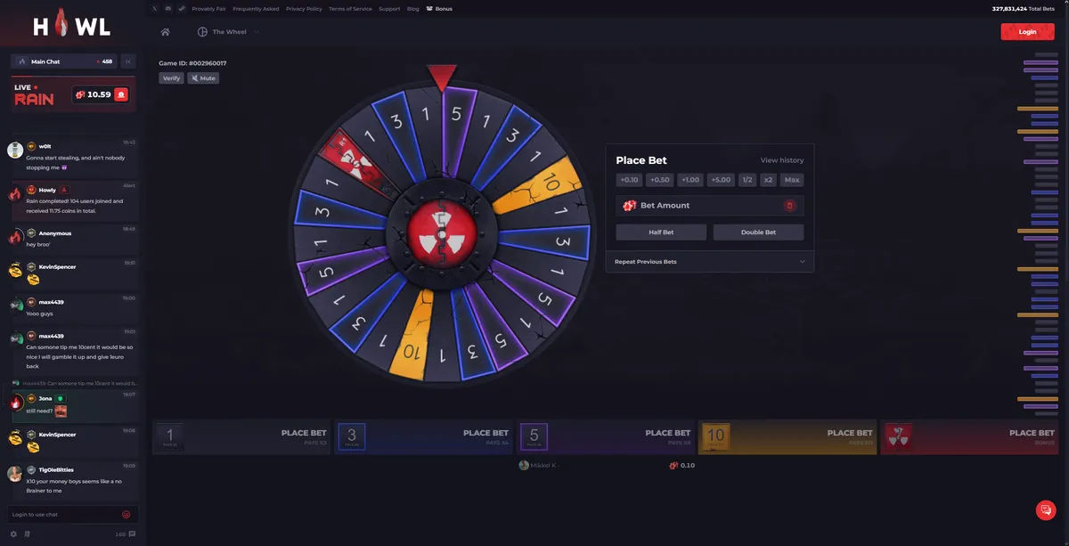 Spinning wheel gambling game with colorful segments and betting interface on Howl
