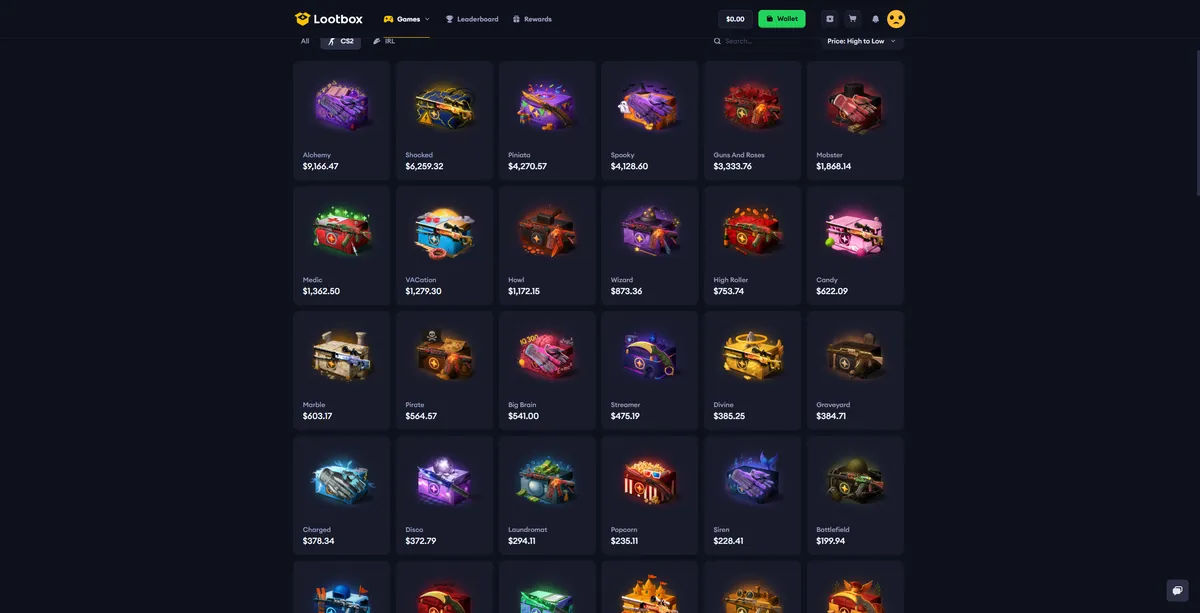 Lootbox boxes overview interface showing gambling case selection and options