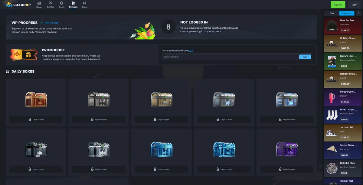 Luxdrop rewards system offering free cases and luxury gambling bonuses