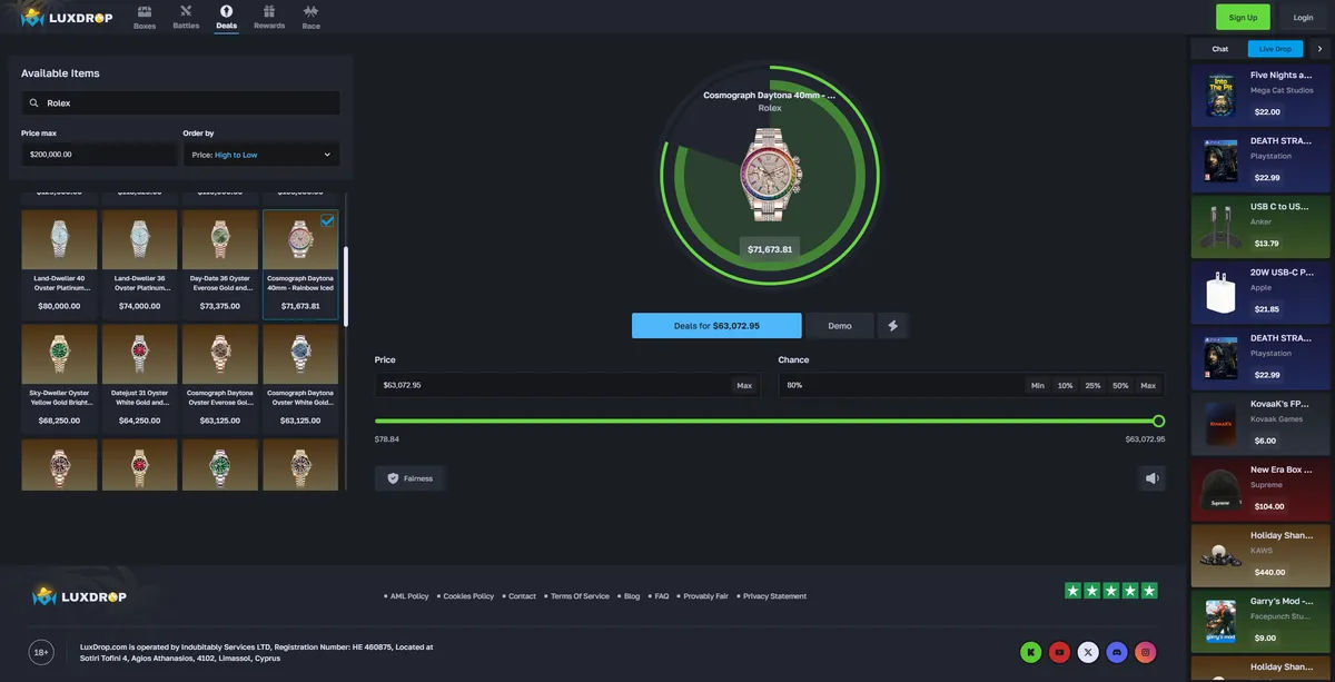 Luxdrop Rolex deals upgrader interface for luxury gambling transactions