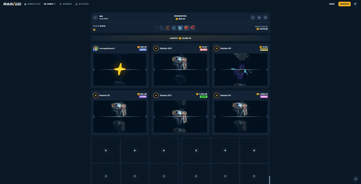 Rain.gg case battle showing huge win results and gambling victory animations