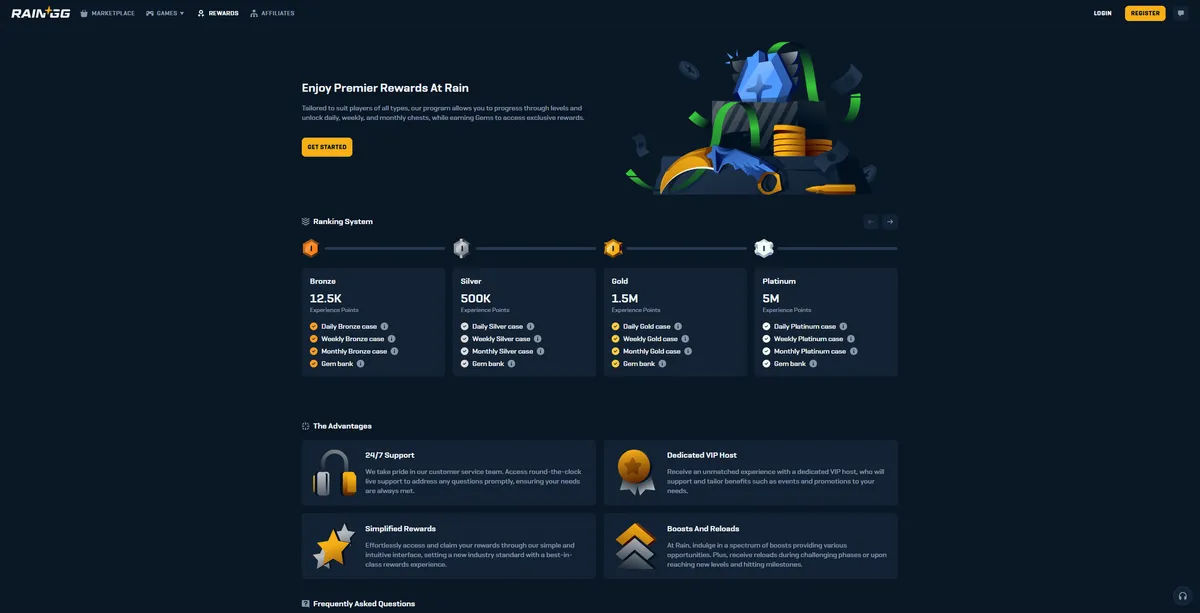 Rain.gg reward system offering free money bonuses and gambling incentives