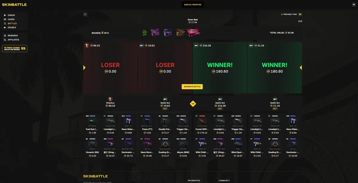 SkinBattle case battle win results showing gambling victory and competition outcomes