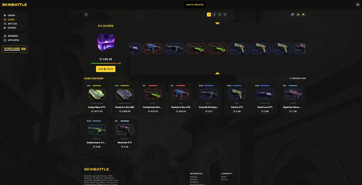 SkinBattle case opening interface featuring 2025 gambling case selection