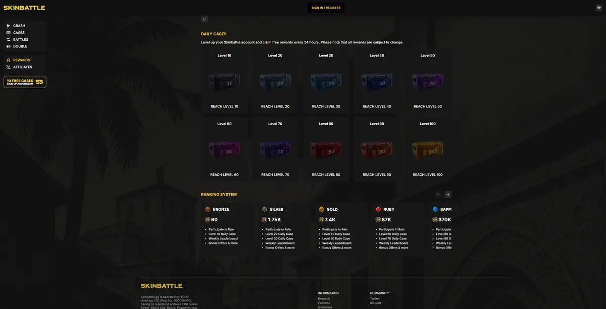 SkinBattle rewards system offering free skins and gambling bonuses