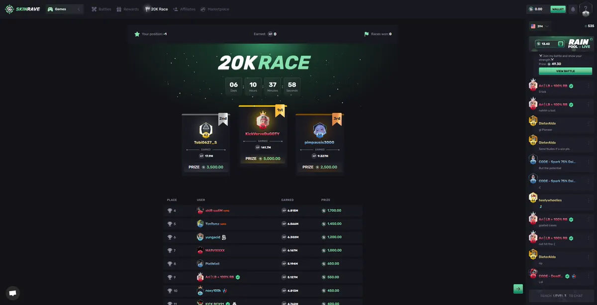 SkinRave.gg 20k race competition showing 2025 gambling tournament leaderboards