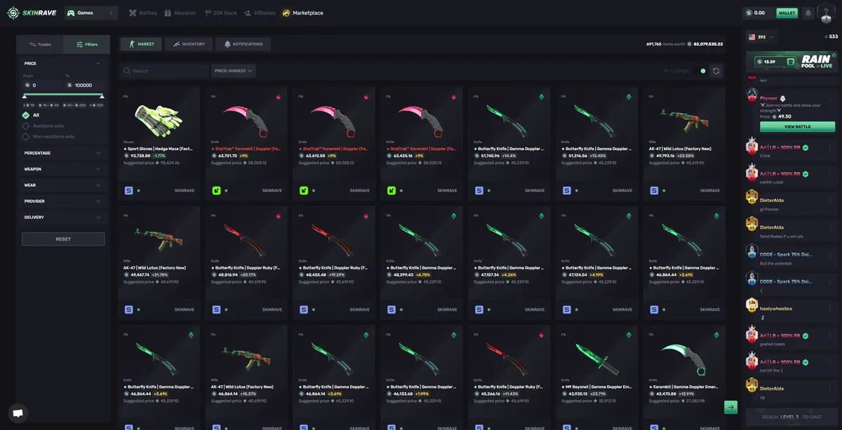 SkinRave.gg marketplace interface for 2025 gambling transactions and skin trading