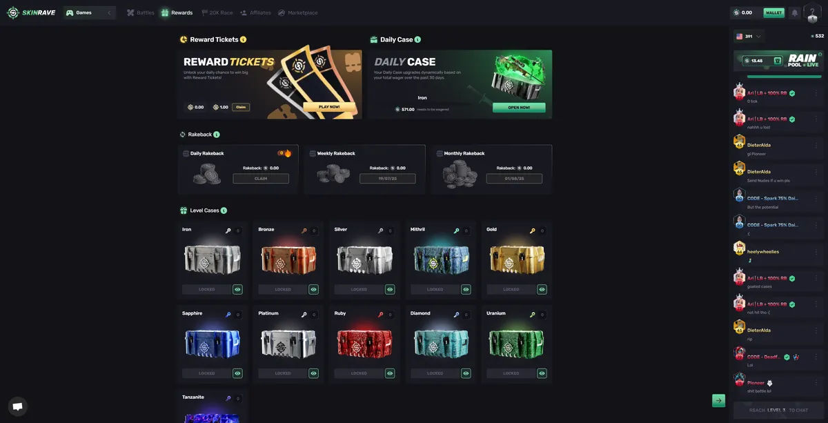 SkinRave.gg rewards system offering free money bonuses and gambling incentives