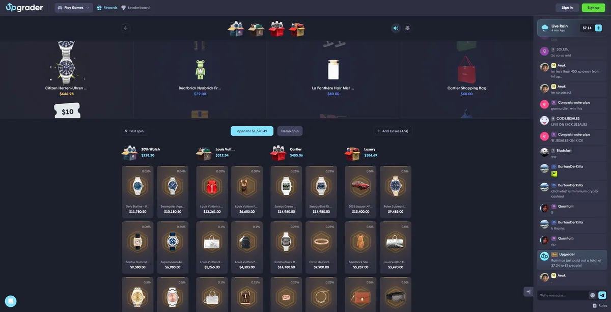 Upgrader case opening gold win featuring 2025 gambling achievement