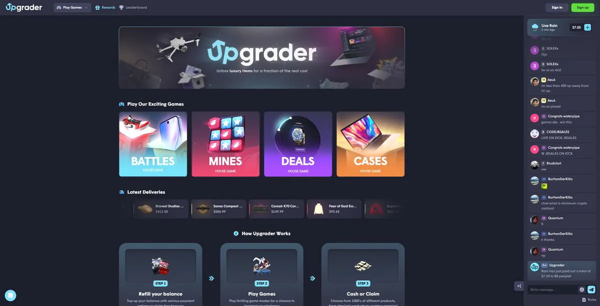 Upgrader landing page showcasing 2025 gambling platform and upgrade features