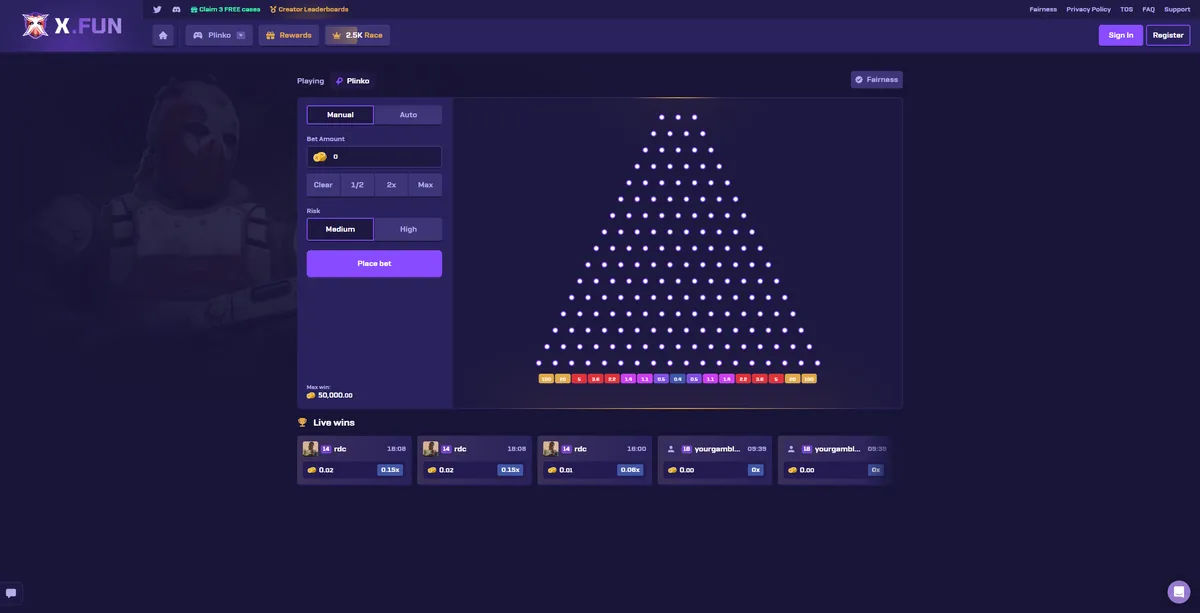 X.Fun plinko game interface showing gambling gameplay and betting mechanics