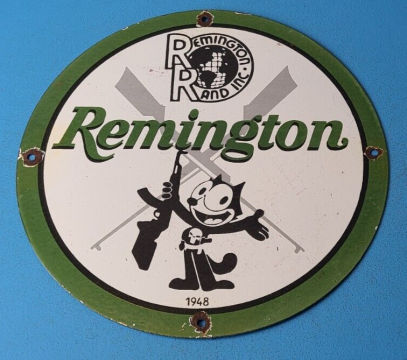 Vintage Remington Porcelain Felix CAT Chevy GUNS GAS PUMP Service Station SIGN for sale
