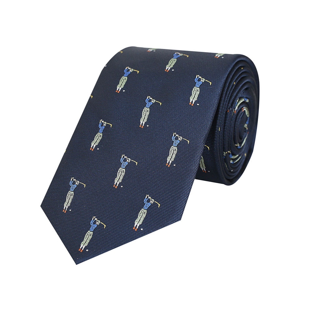 Men Tie - Navy Blue Golf Embroidered Micro Fiber Necktie For Men