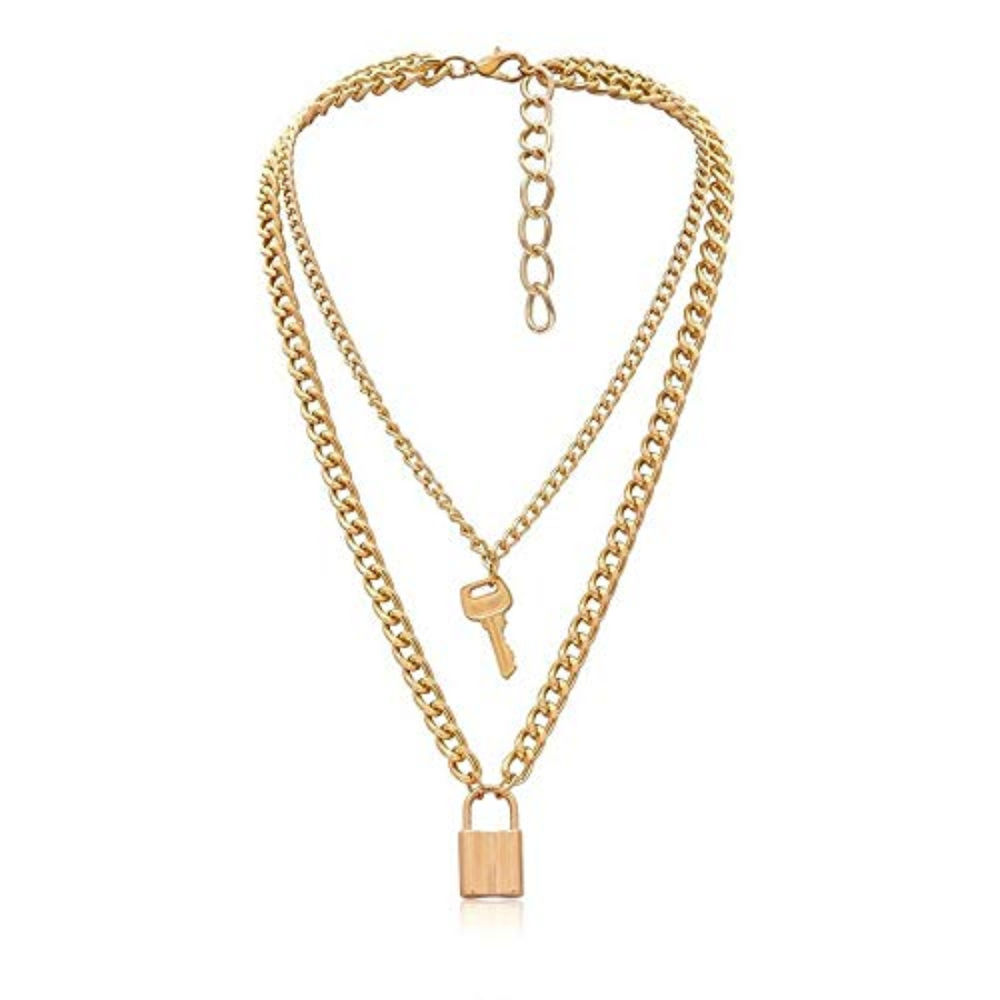 Layered Lock & Key Necklace, Gold Plated Chain Pendant