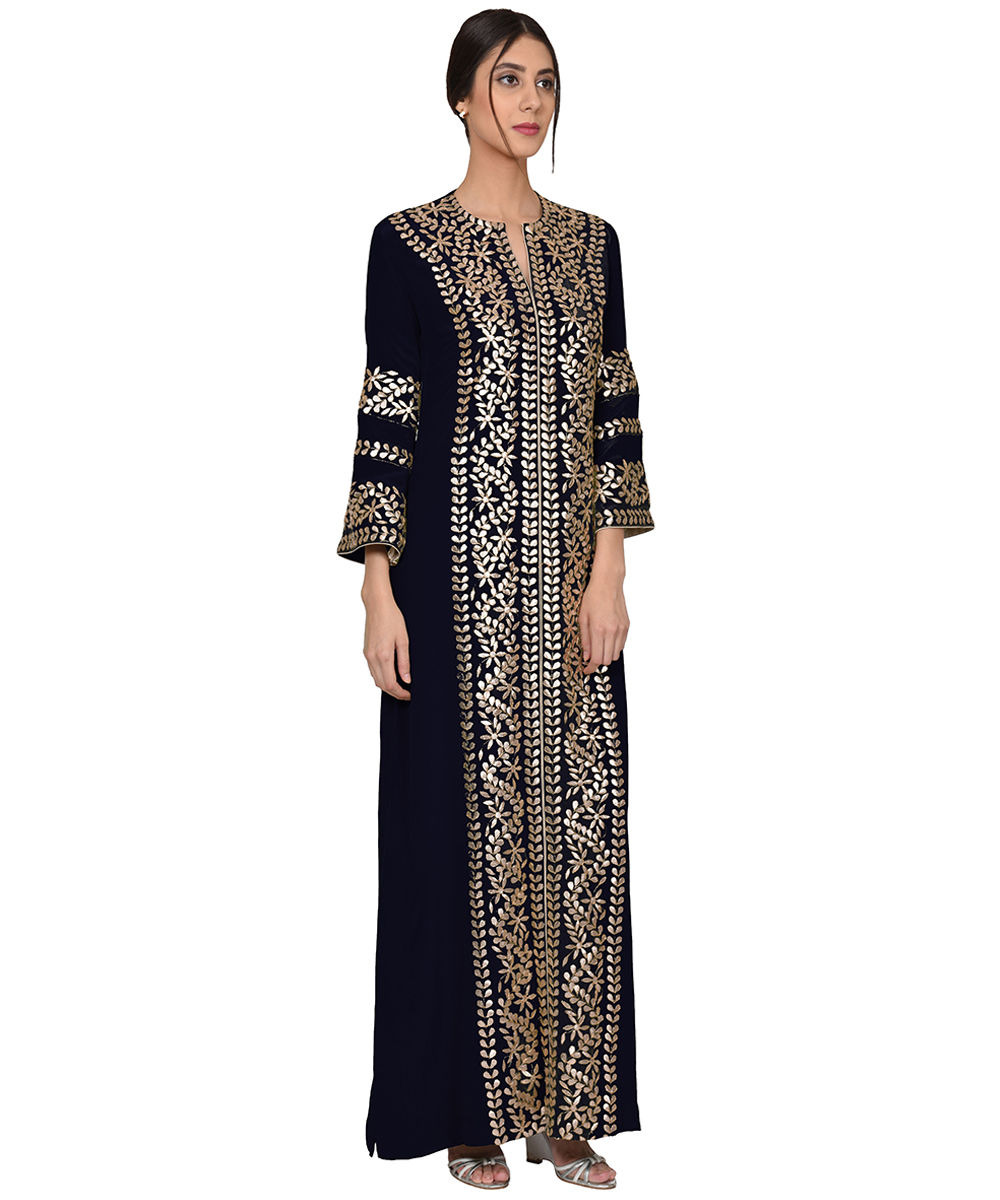 Midnight Blue Gold Gota Patti Embroidered Kaftan Gown