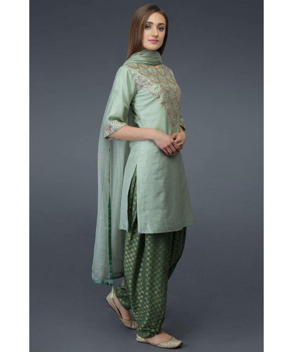 Sage Green- Rose Gold Gota Patti & Banarasi Patiala Suit