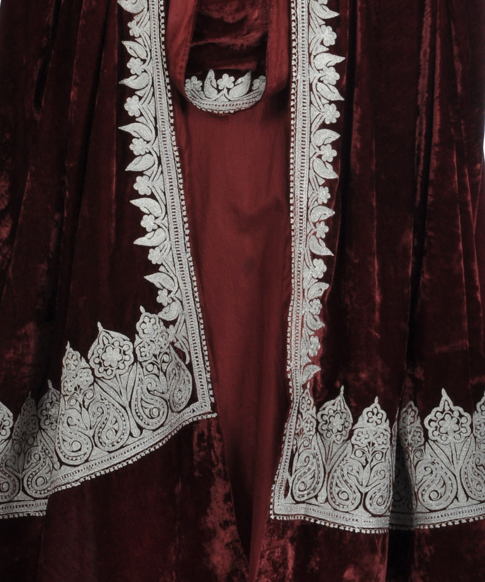 Kashmiri Tilla Aari Embroidered Maroon Silk-Velvet Long Dupatta